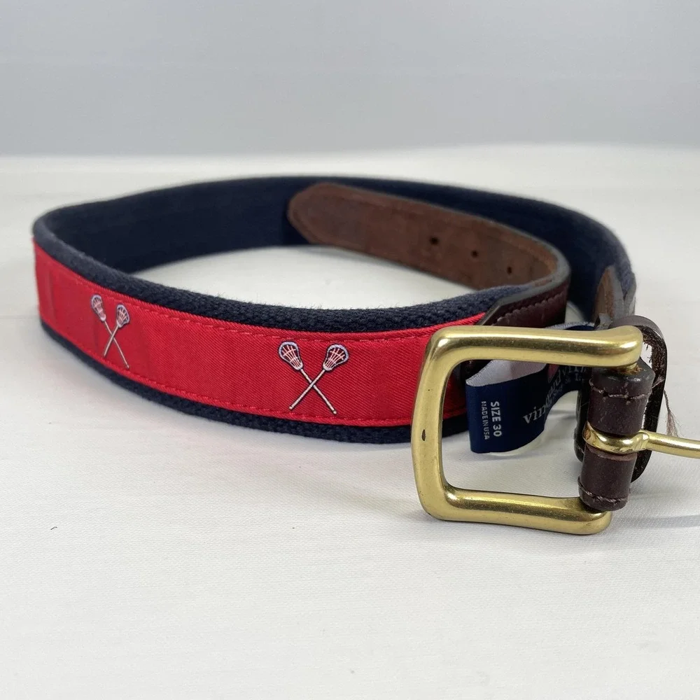 Vineyard Vines Club Belt Mens 30 Red Navy Textile Lacrosse Leather Brass Buckle